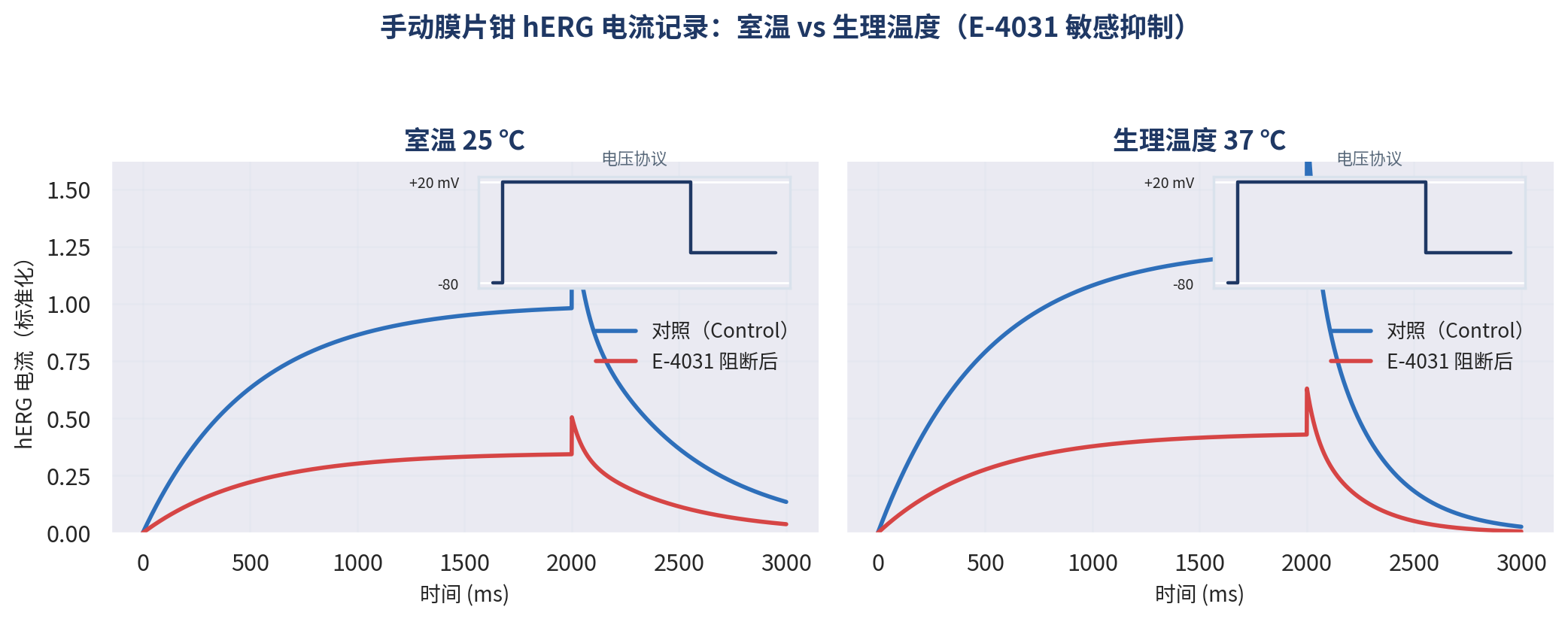 室温与生理温度下手动膜片钳hERG电流记录比较（E-4031抑制）