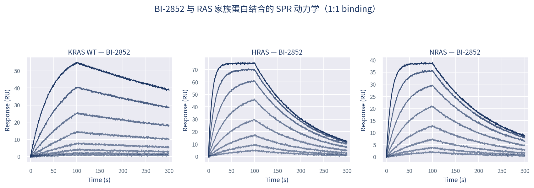 BI-2852 与 KRAS/HRAS/NRAS 结合的 SPR 传感图
