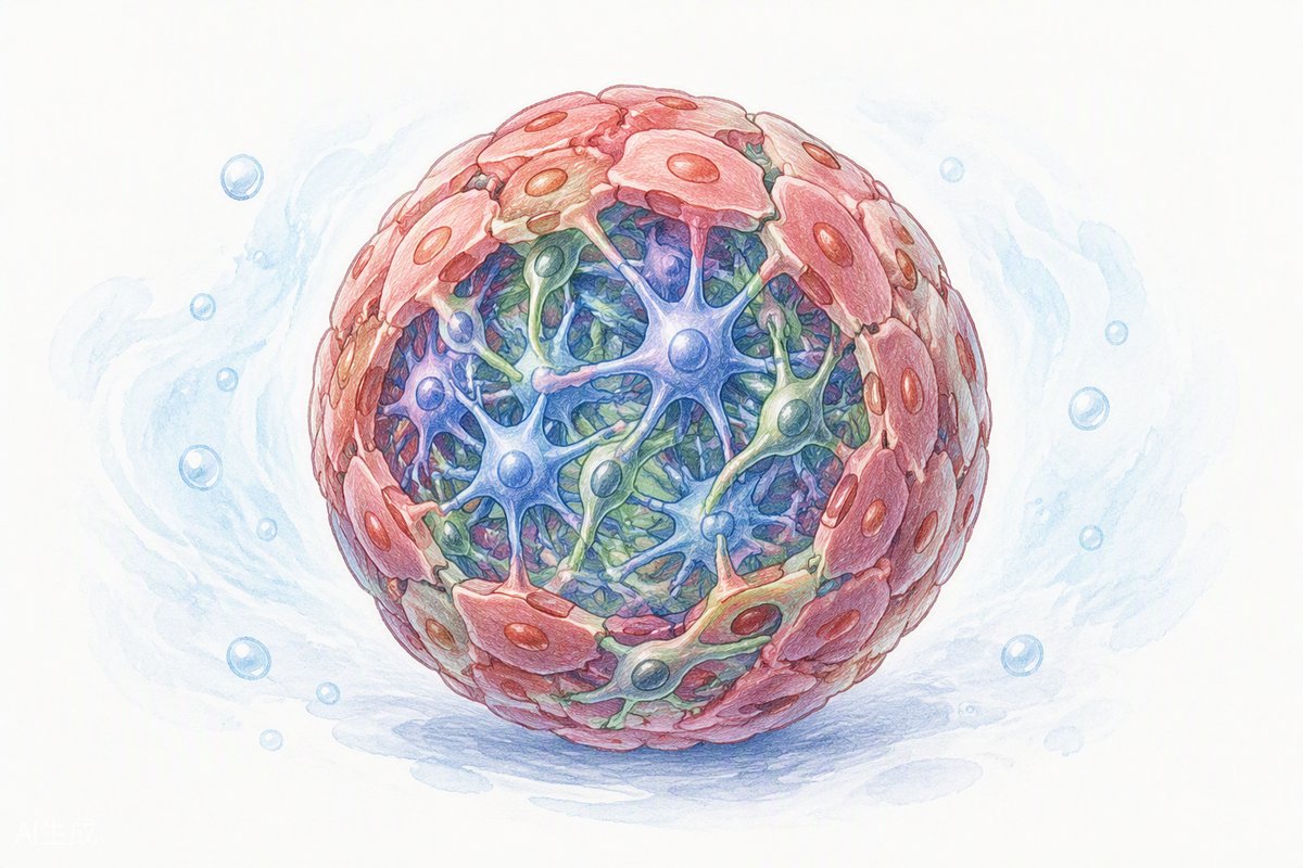 爱思益普BBB Spheroid 3D球体模型示意图：内皮外层包裹周细胞与星形胶质细胞核心