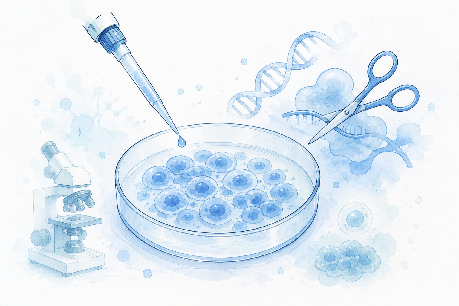 爱思益普细胞株开发服务手绘插画：培养皿细胞、移液与CRISPR基因编辑元素