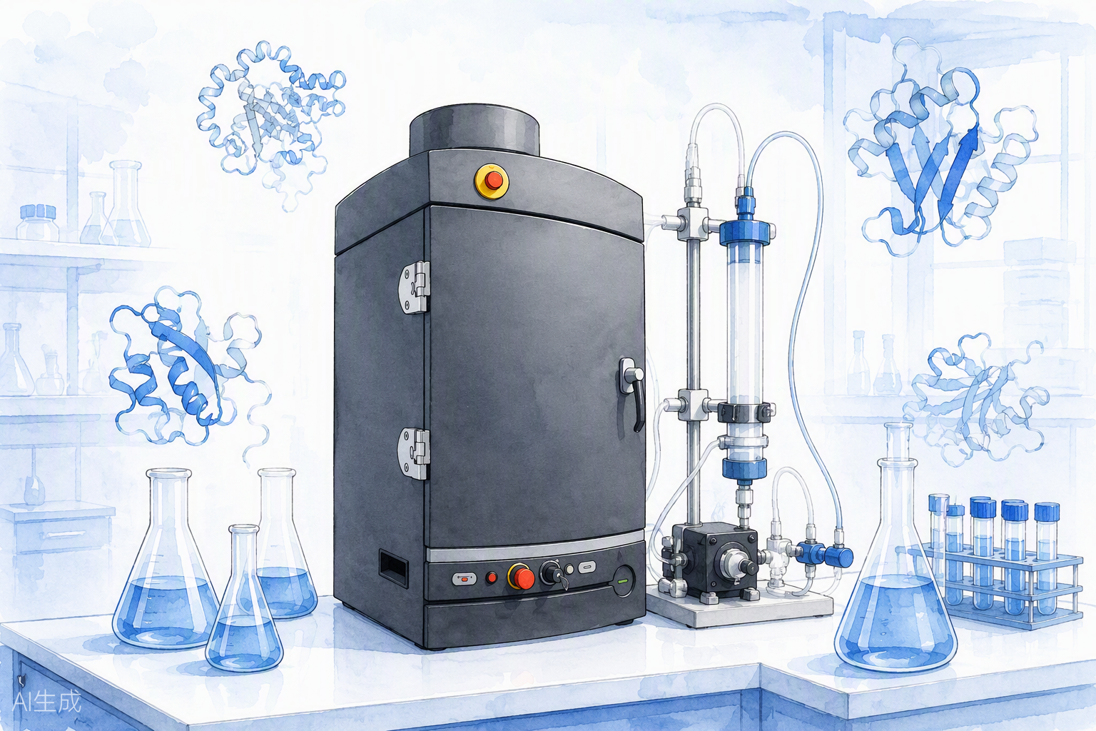 爱思益普蛋白工程服务手绘插画：层析纯化系统与蛋白分子结构的实验场景