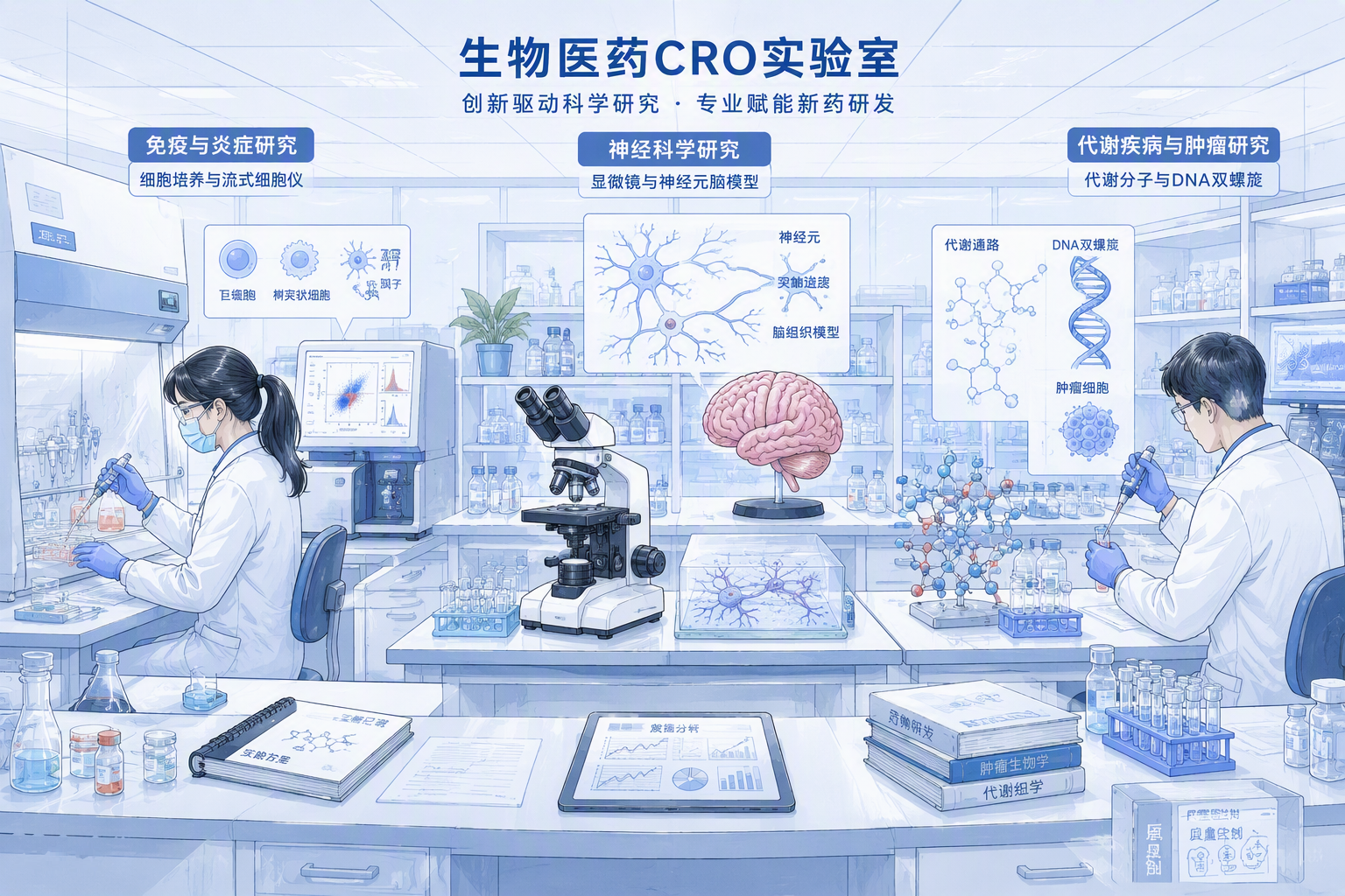 爱思益普疾病领域解决方案手绘插画:免疫炎症、神经科学、代谢疾病与肿瘤研究的实验室全景