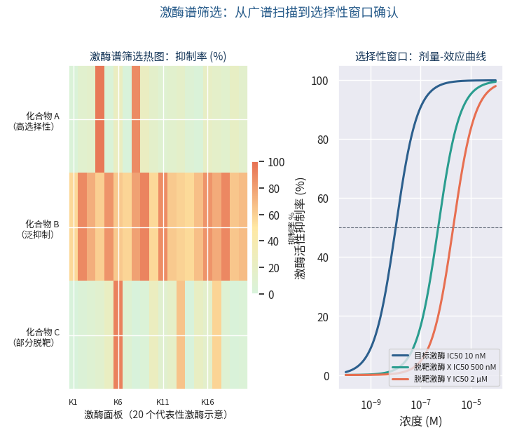 激酶谱筛选热图与选择性窗口剂量效应曲线
