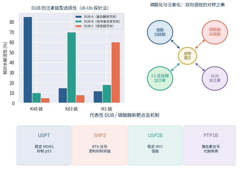 DUB泛素链型选择性与磷酸化泛素化双向调控示意