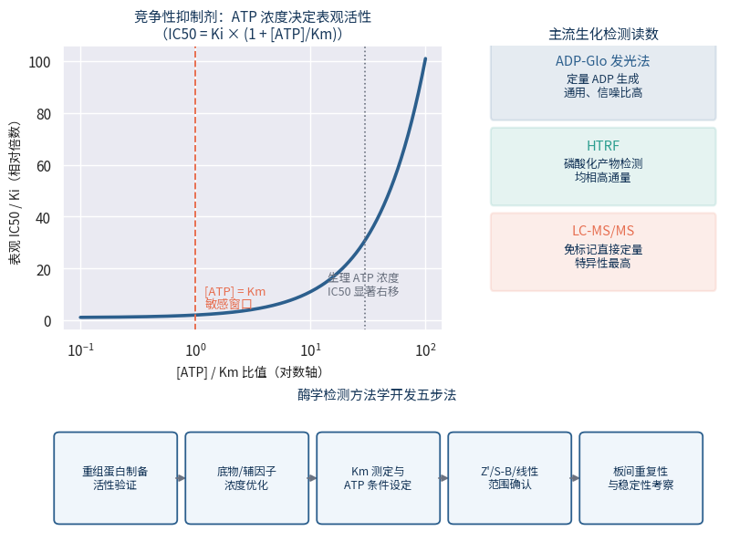ATP浓度对竞争性抑制剂IC50影响曲线与主流检测读数