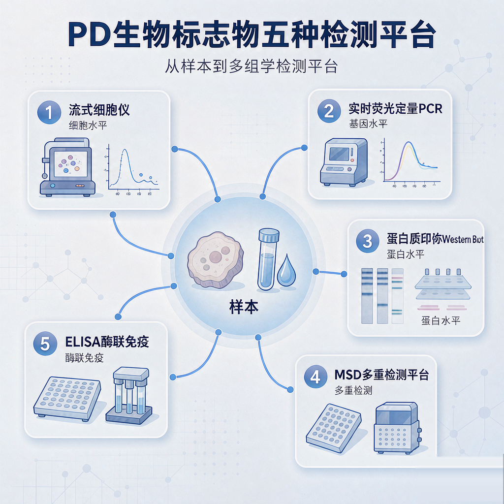 PD生物标志物五种检测平台流式qPCR WesternBlot MSD ELISA示意图