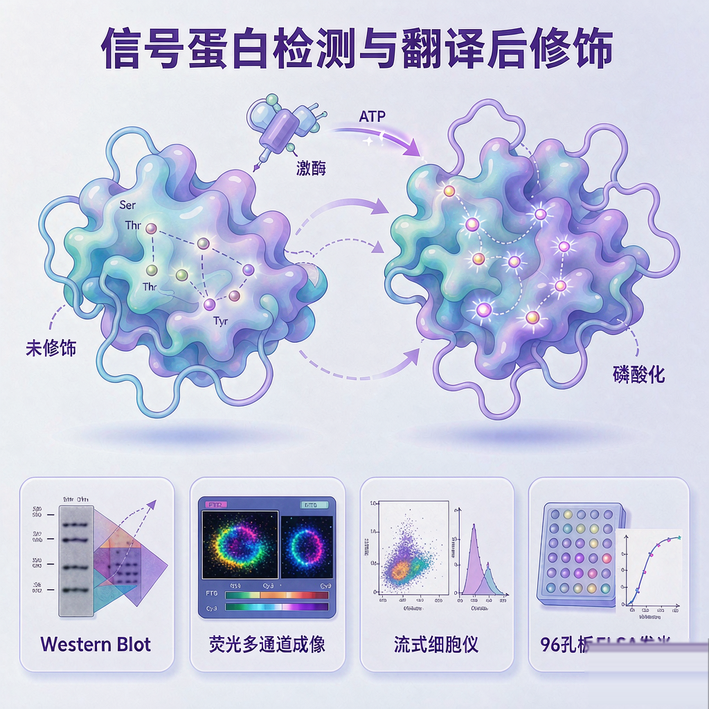 信号蛋白检测翻译后修饰磷酸化与多平台检测方法示意图