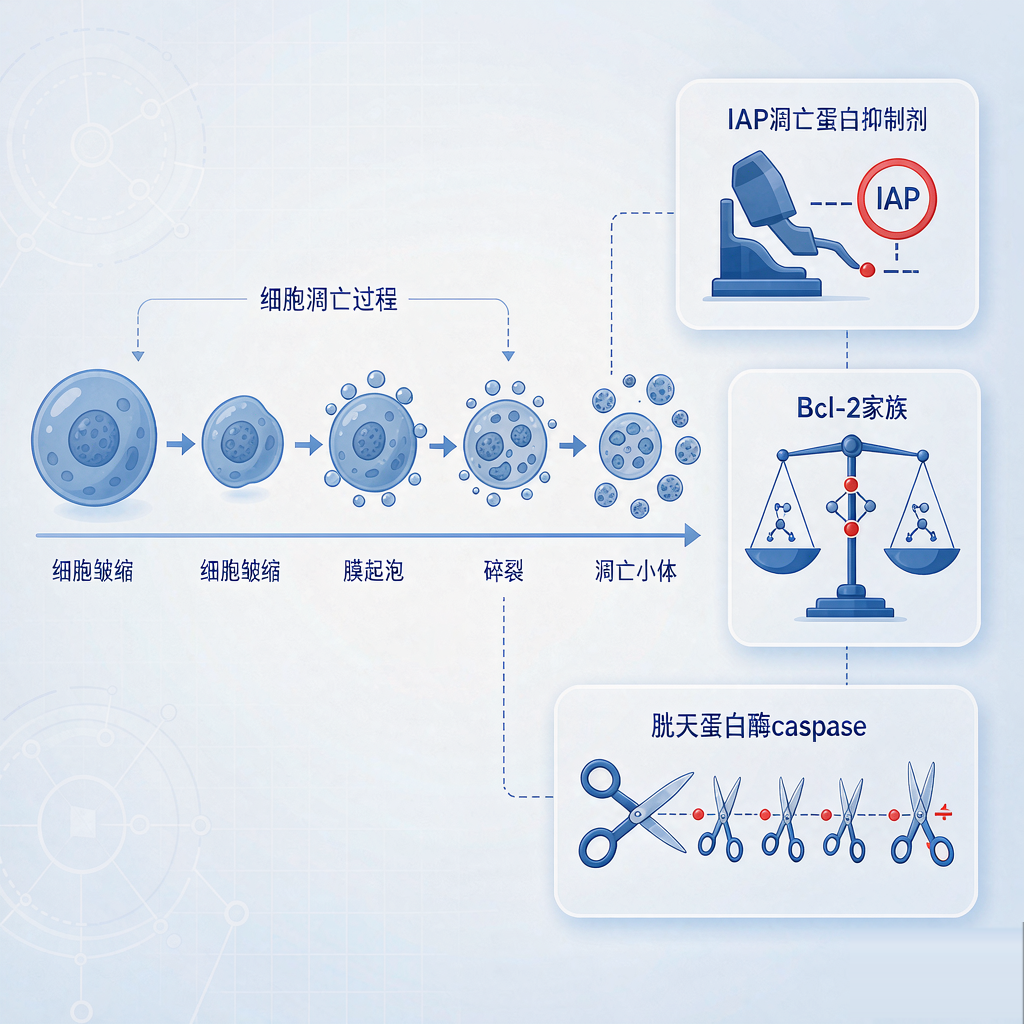 凋亡途径三大靶点家族：IAP、Bcl-2与胱天蛋白酶检测示意图