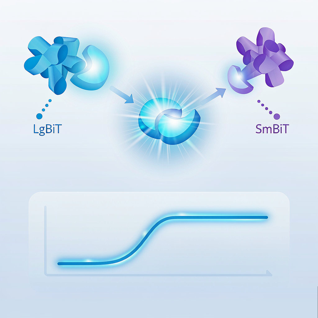 NanoBiT蛋白相互作用检测：分裂荧光素酶互补重建发光原理示意图