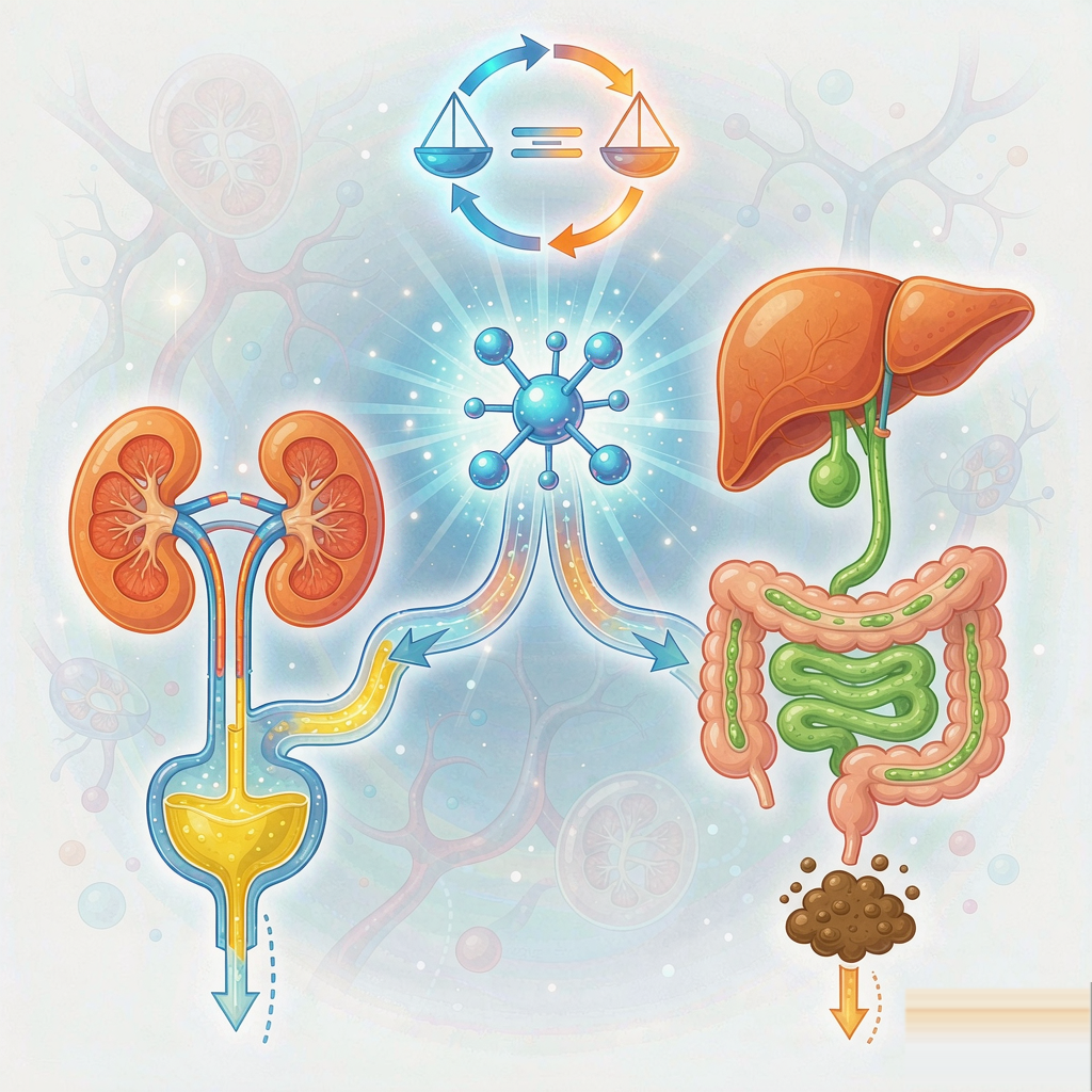 药物经肾脏尿液与肝脏胆汁两条路径排泄的物料平衡示意图