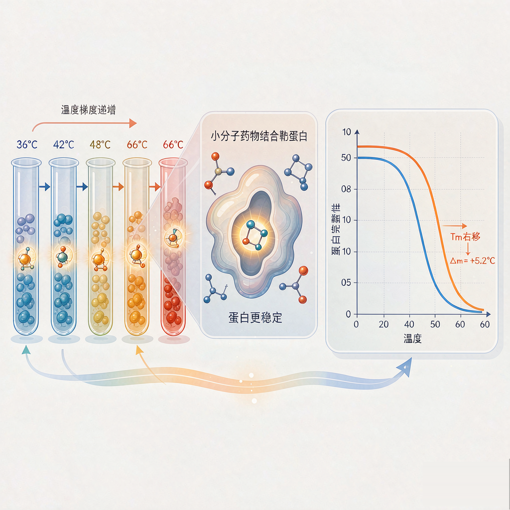 细胞热位移分析CETSA：药物结合使靶蛋白更耐热示意图