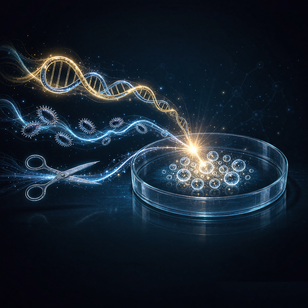 质粒DNA、慢病毒颗粒与CRISPR基因编辑剪刀三条技术路线汇入培养皿并长出稳定细胞群落的细胞株开发示意图
